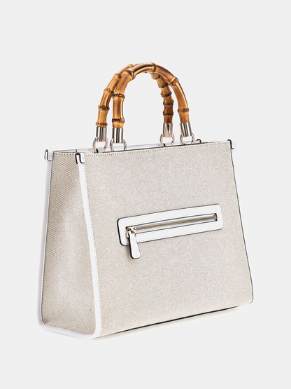 GUESS Kerima 4G Logo Handbag – Beige with Bamboo Handles