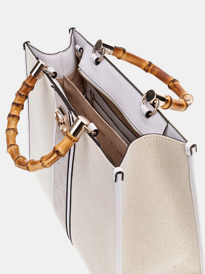 GUESS Kerima 4G Logo Handbag – Beige with Bamboo Handles