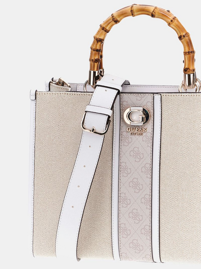 GUESS Kerima 4G Logo Handbag – Beige with Bamboo Handles