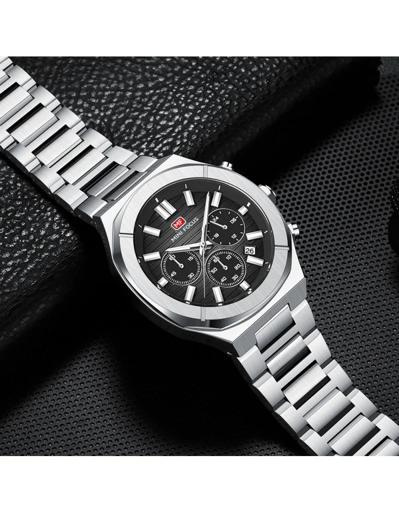 Mini Focus Men’s Stainless Steel Quartz Watch – 43mm Chronograph Style, Black Dial