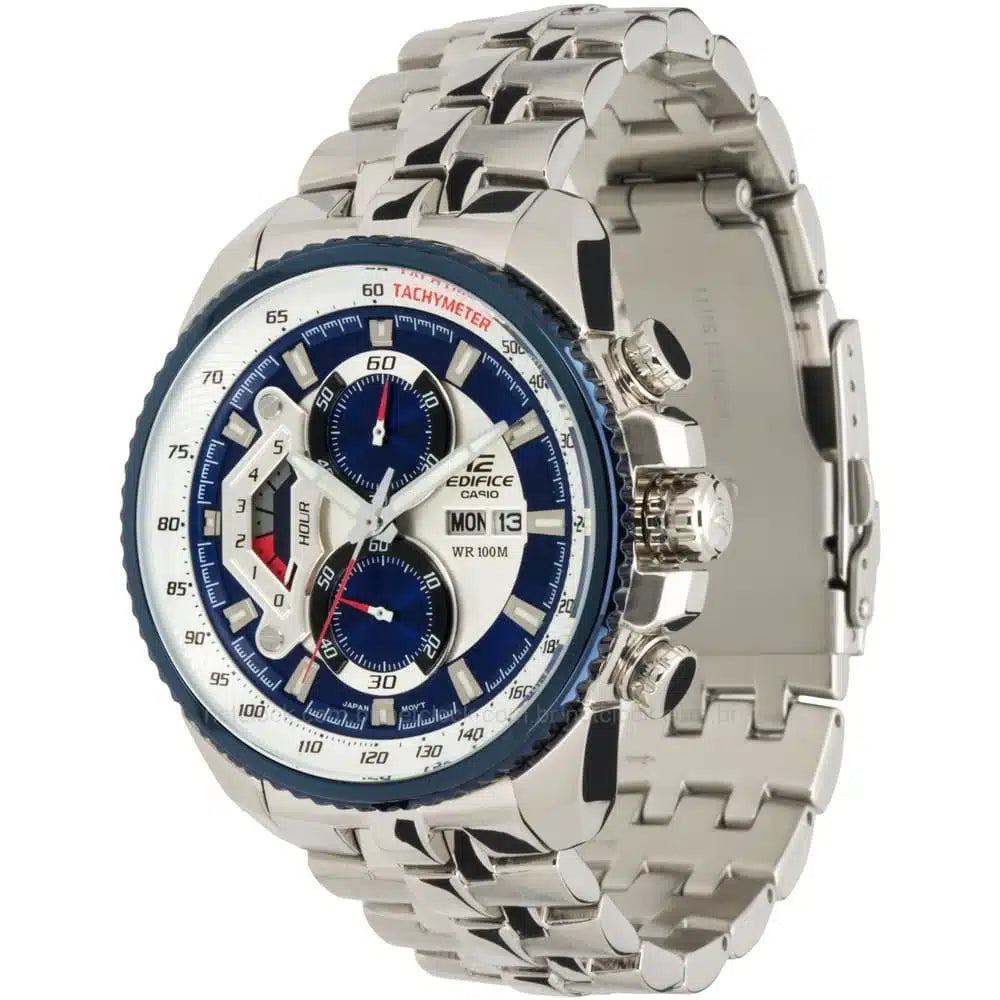 Casio Edifice EF-558D-2AV Chronograph Watch for Men – Blue Dial, Silver Stainless Steel Strap