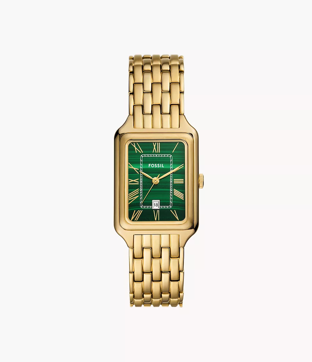 Stylish Women’s Raquel Three-Hand Date Gold-Tone Stainless Steel Watch – 26 mm, Quartz Analog, Green Dial (ES5341)