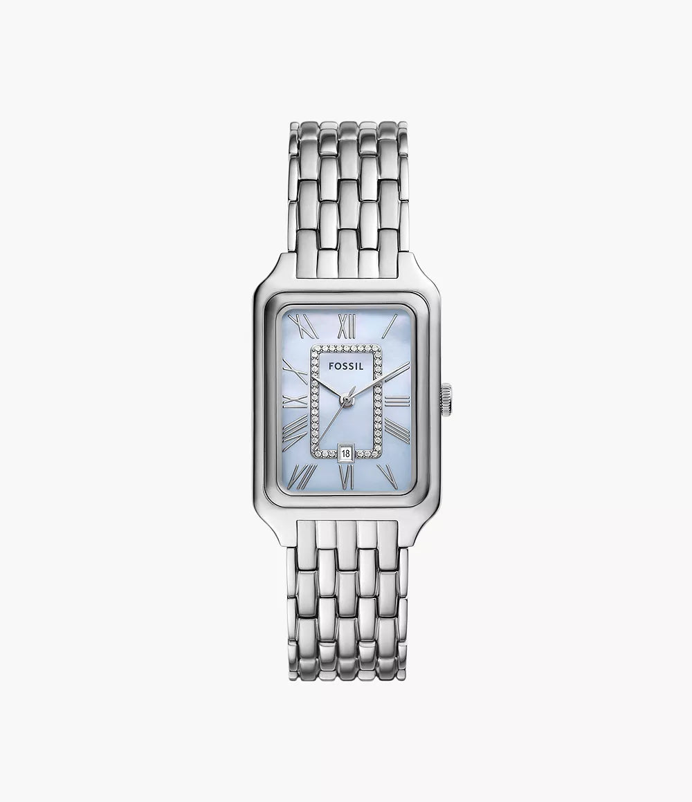 Fossil Women’s Raquel Quartz Stainless Steel Watch – Silver, Mother-of-Pearl Dial, Model ES5306