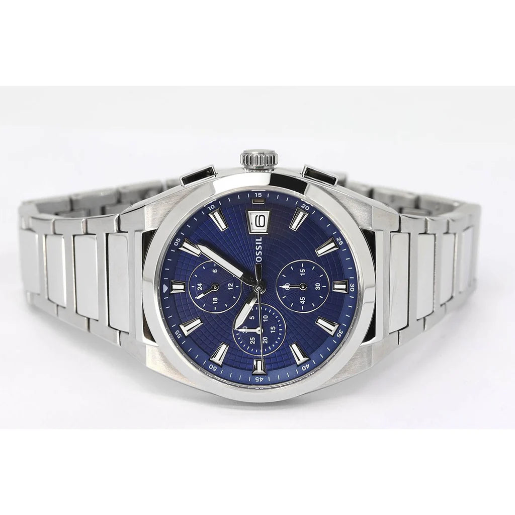 Fossil Everett FS5795 Men’s Watch – Blue Dial Chronograph, Silver Stainless Steel Bracelet, Quartz, 42mm, 50M Water Resistant