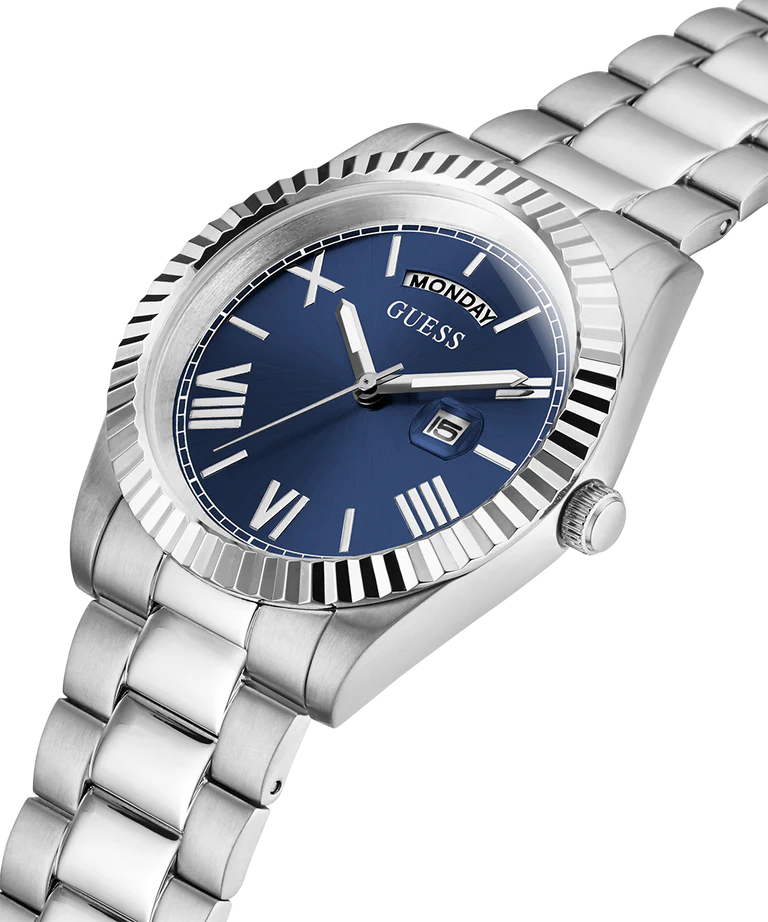 Guess GW0265G7 Men’s Watch – Silver Stainless Steel Bracelet & Blue Sunray Dial | 42mm Quartz Day-Date Elegant Timepiece
