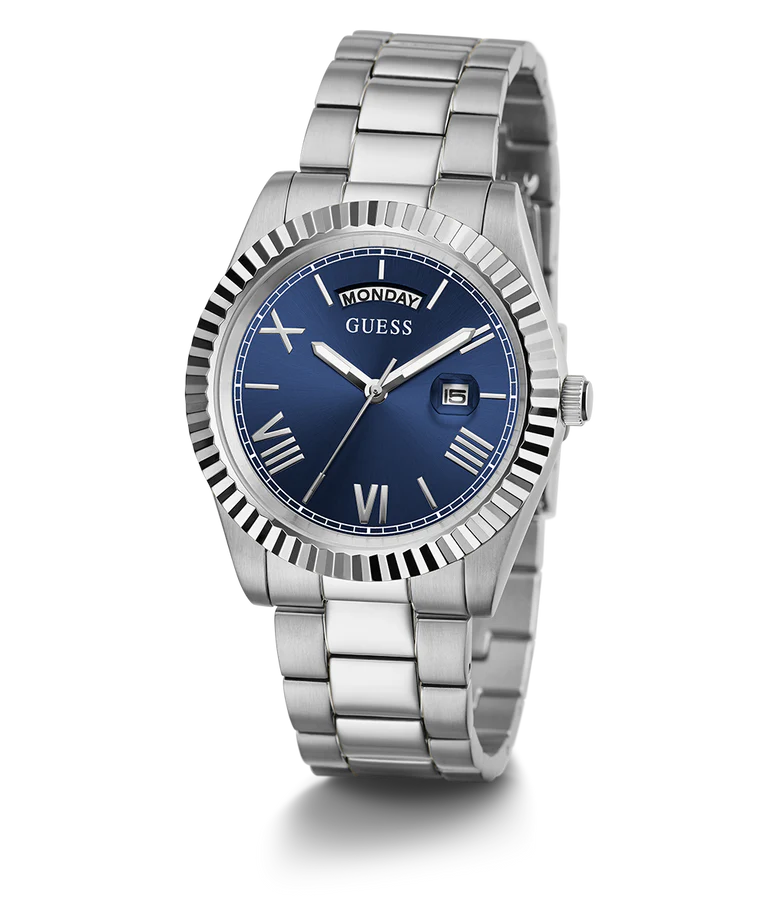 Guess GW0265G7 Men’s Watch – Silver Stainless Steel Bracelet & Blue Sunray Dial | 42mm Quartz Day-Date Elegant Timepiece