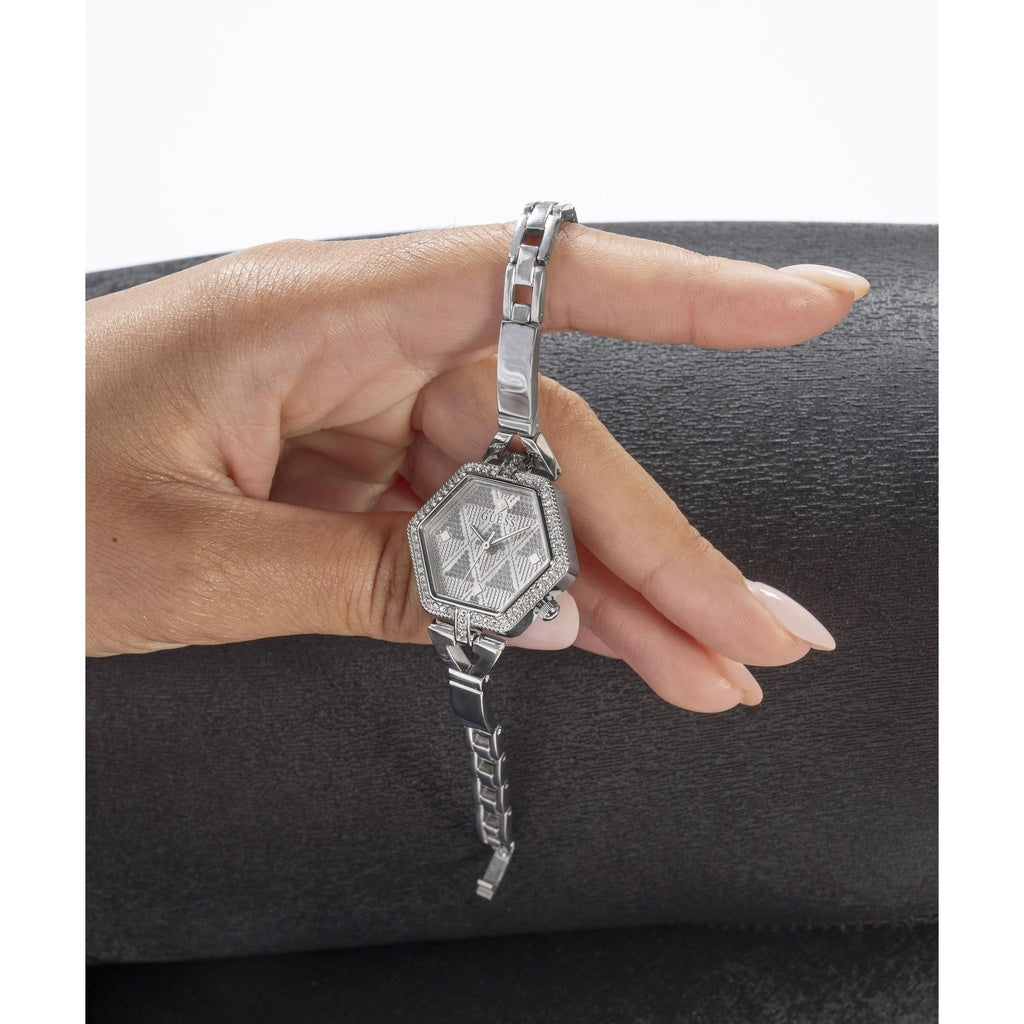 Guess GW0680L1 Women’s Silver Stainless Steel Watch – 28mm Hexagon Analog with Crystal Details
