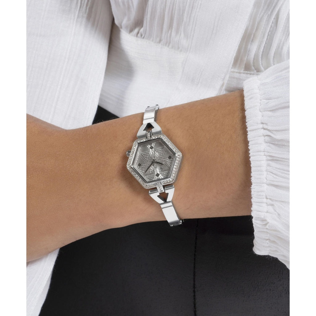Guess GW0680L1 Women’s Silver Stainless Steel Watch – 28mm Hexagon Analog with Crystal Details