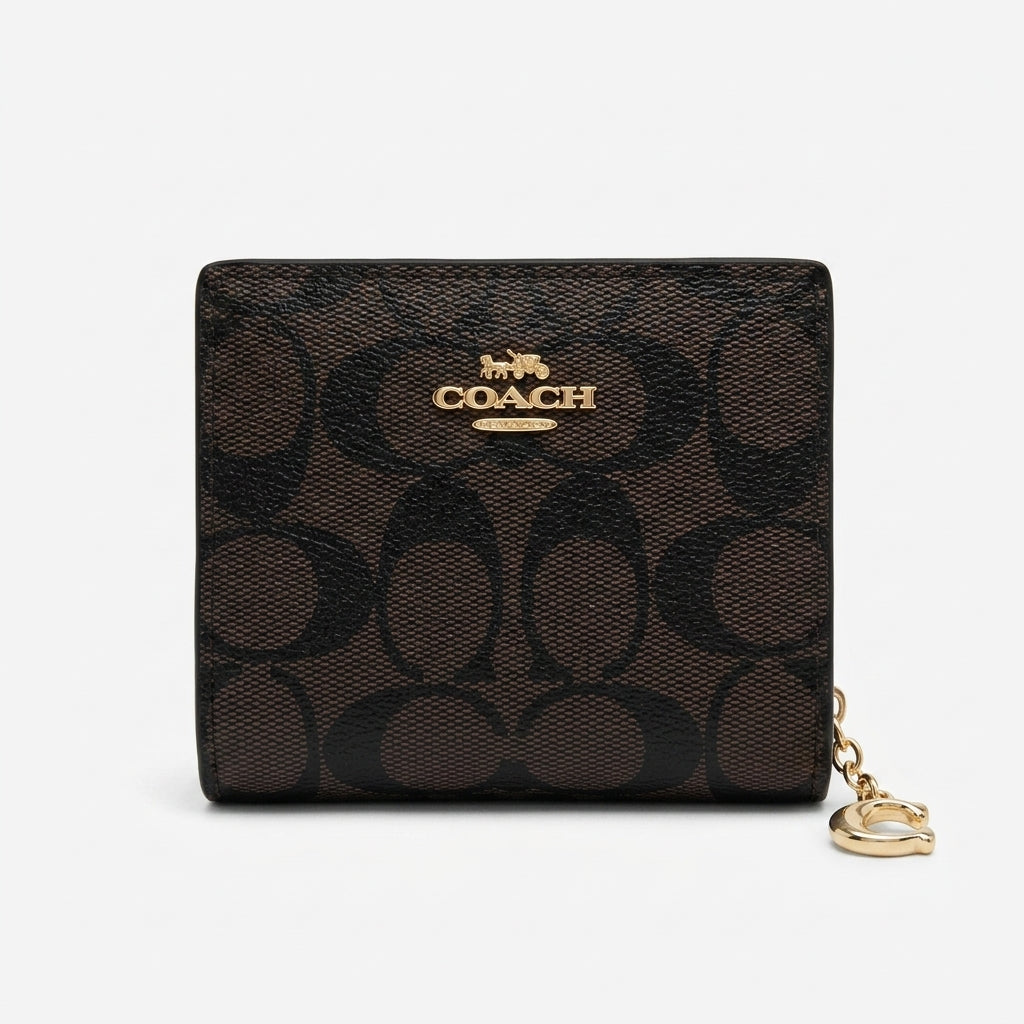 Coach Signature Canvas Signature Medium Corner Zip Wallet (Dark Brown / Black) #0015