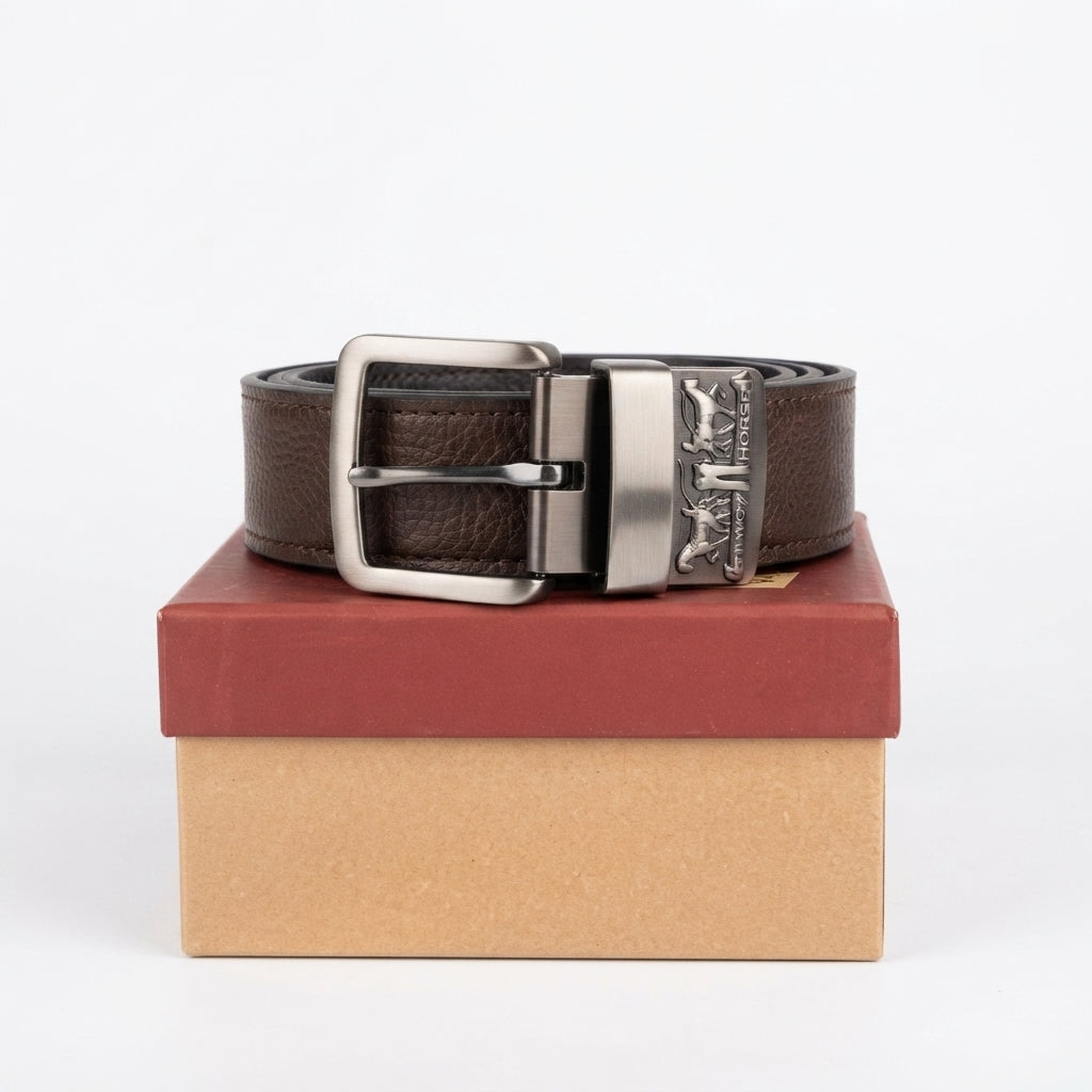 2-in-1 Classic Men's Leather Belt – Reversible Brown & Black with Gift Box #05