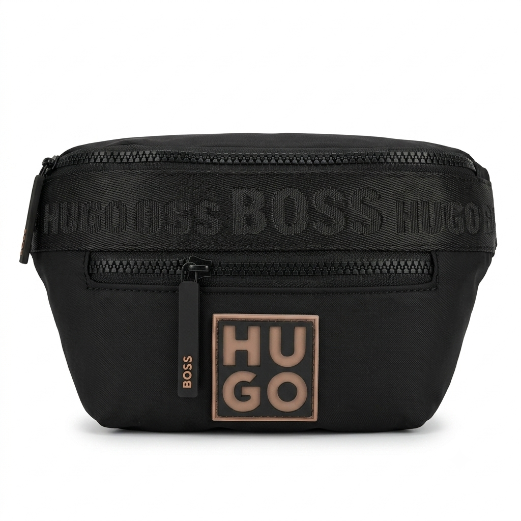 HUGO BOSS Black Nylon Belt Bag with Contrast Logo and Multiple Zipped Compartments #0014