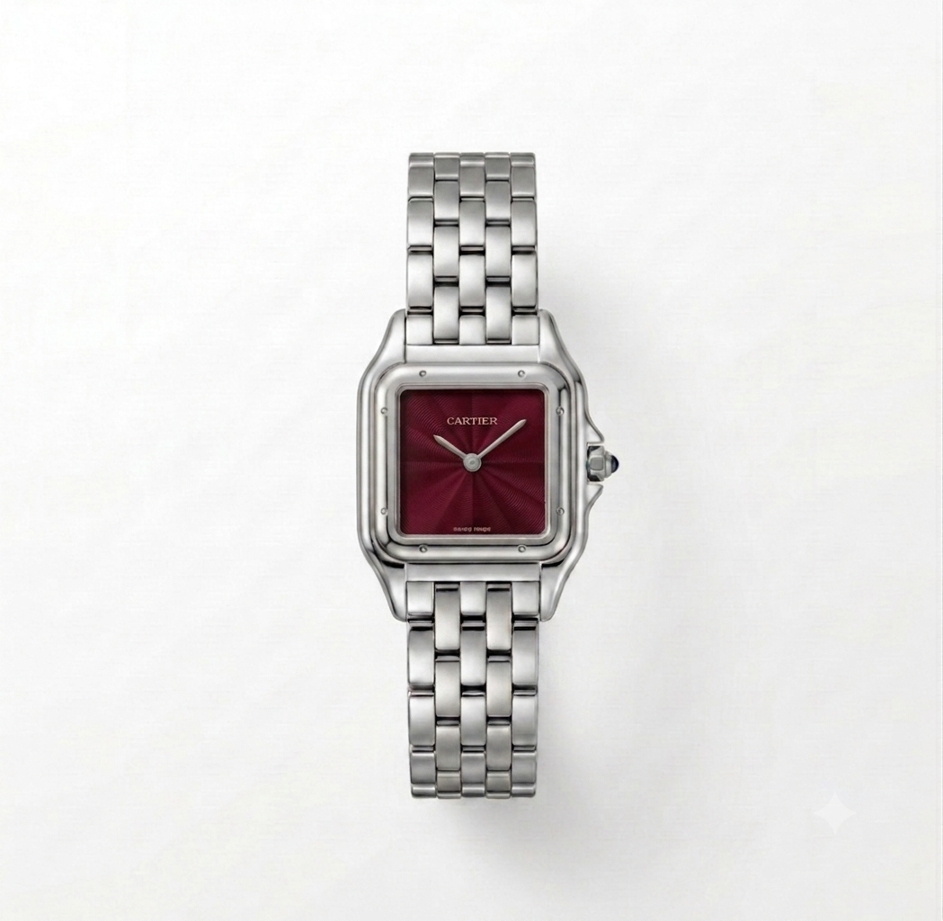 Panthère de Cartier watch burgundy red dial Silver Strap medium model