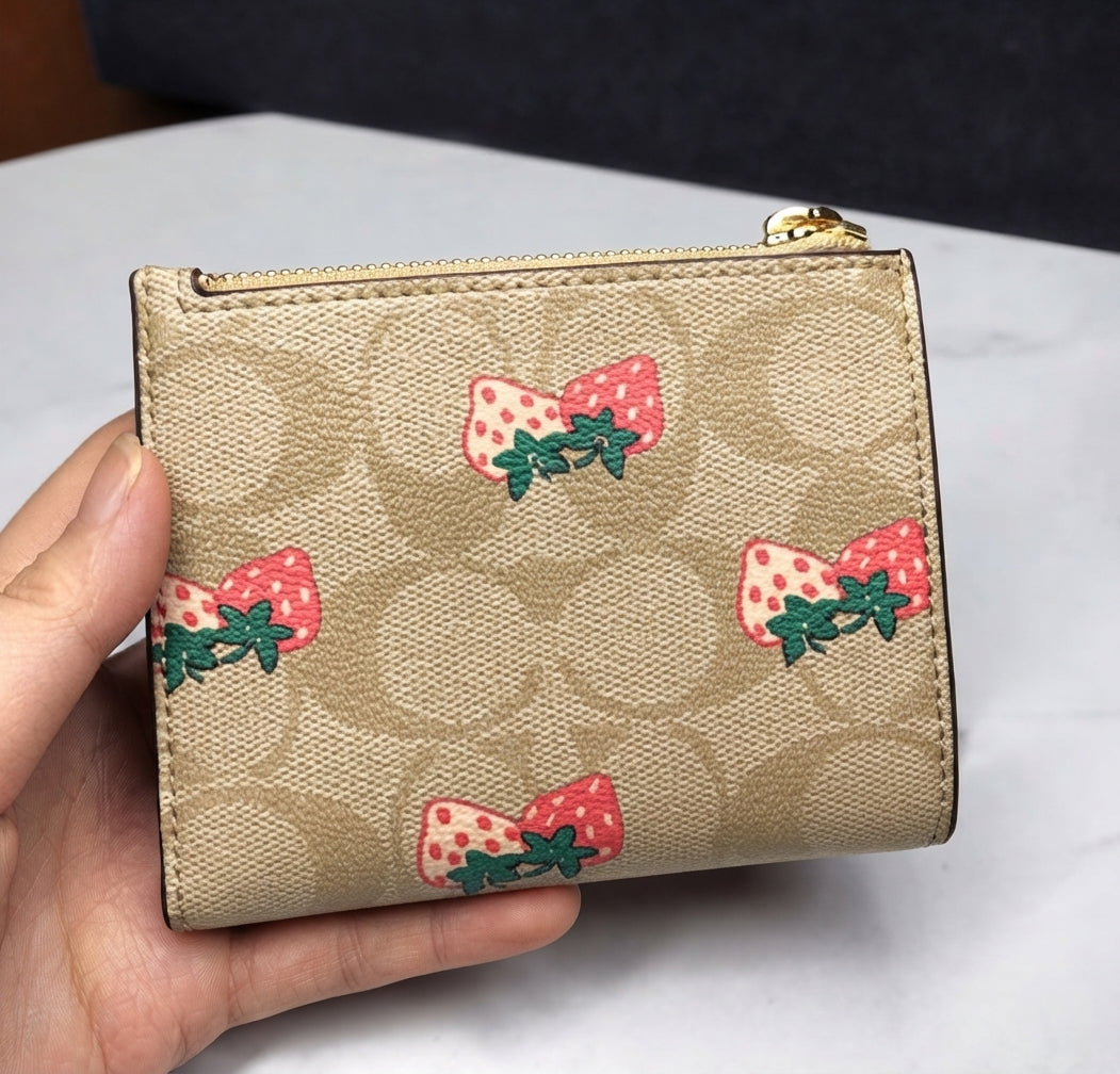 Coach Strawberry Print Signature Canvas Small Zip Wallet - Beige/Multi #0009