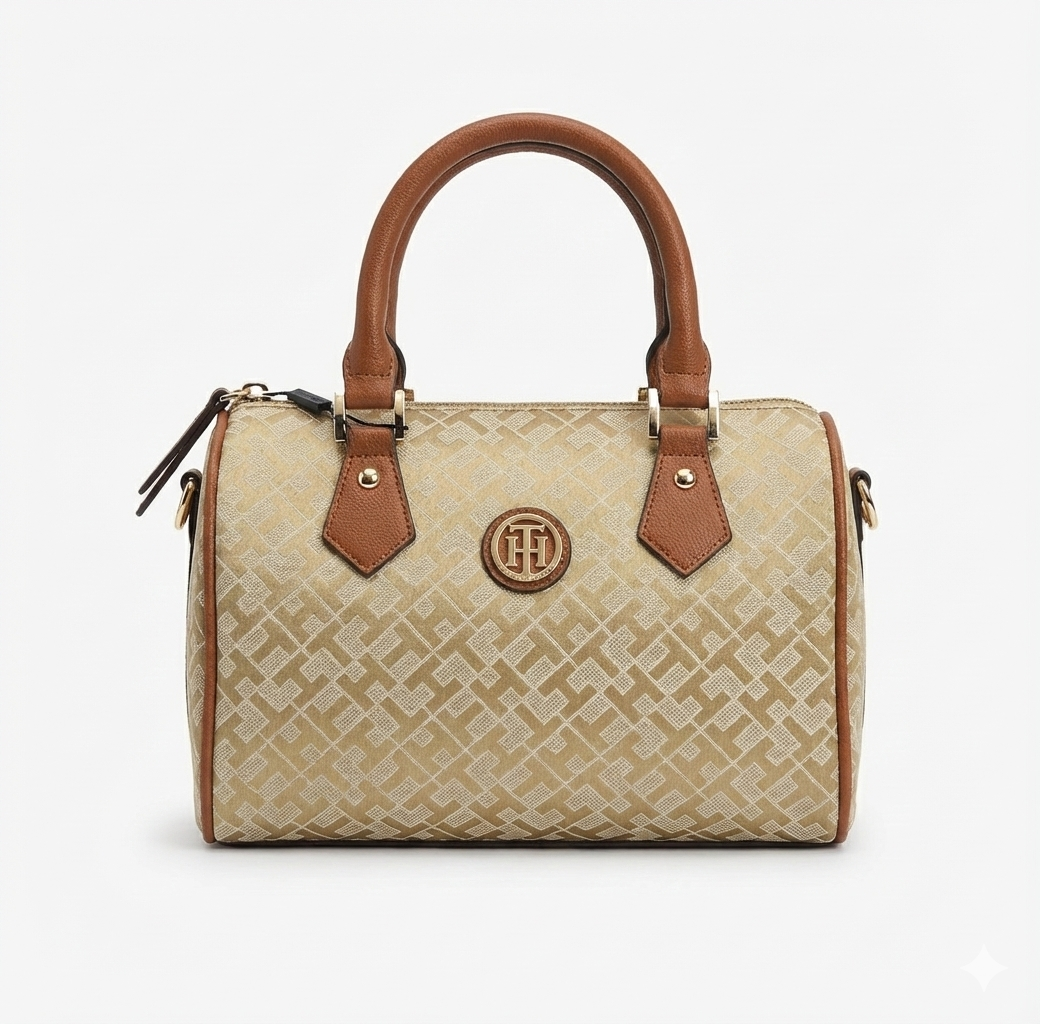 Tommy Hilfiger Women’s Monogram Jacquard Satchel Bag – Gold Beige/Tan