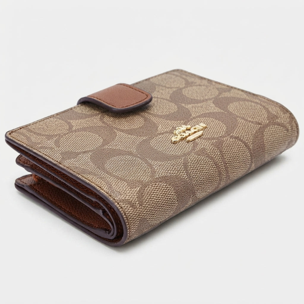 Coach Women's Signature Print Medium Snap Wallet - Classic Brown #0020