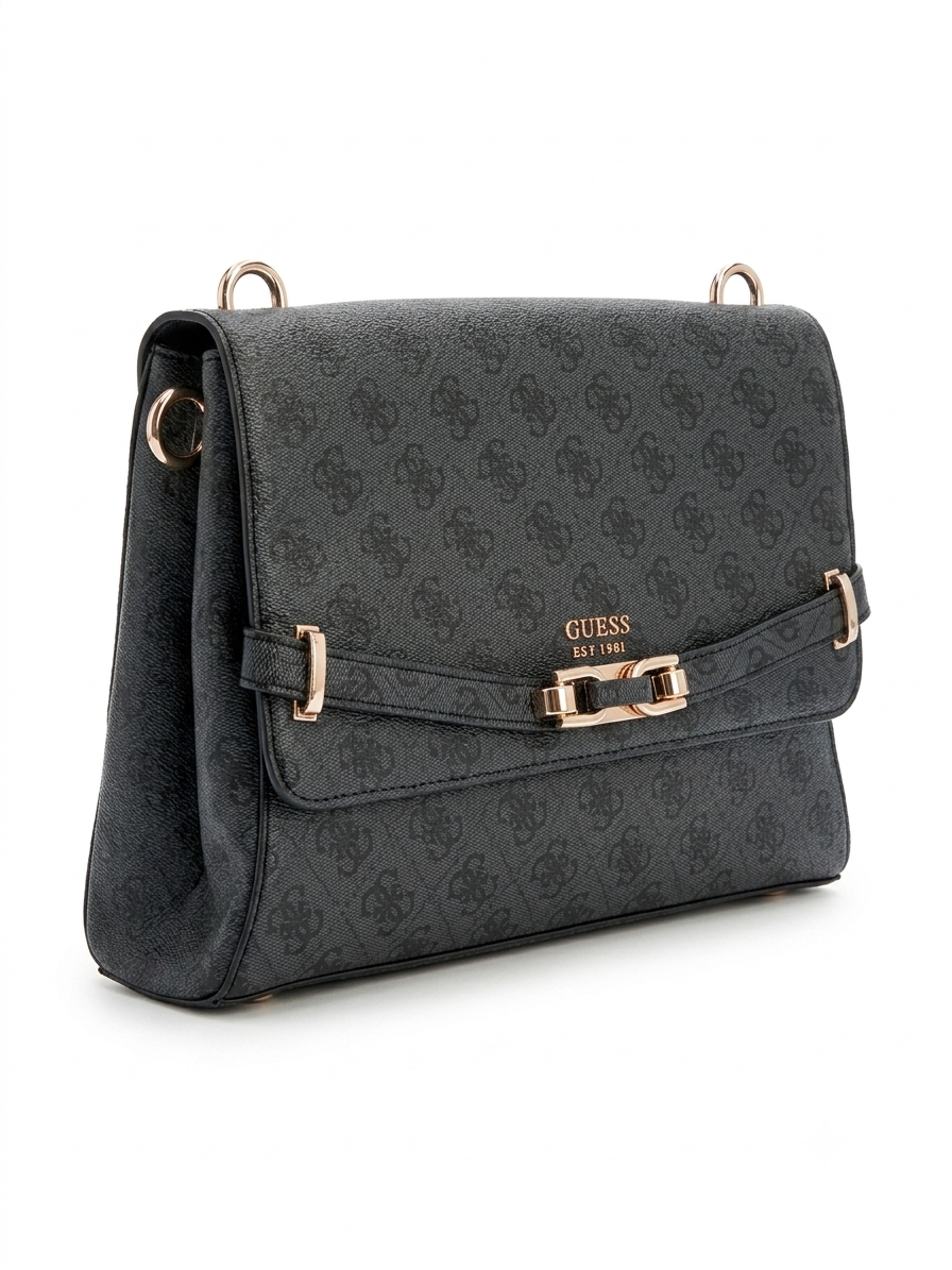 GUESS Women's Monogram Flap Shoulder & Crossbody Bag with Gold-Tone Hardware - Charcoal #0185