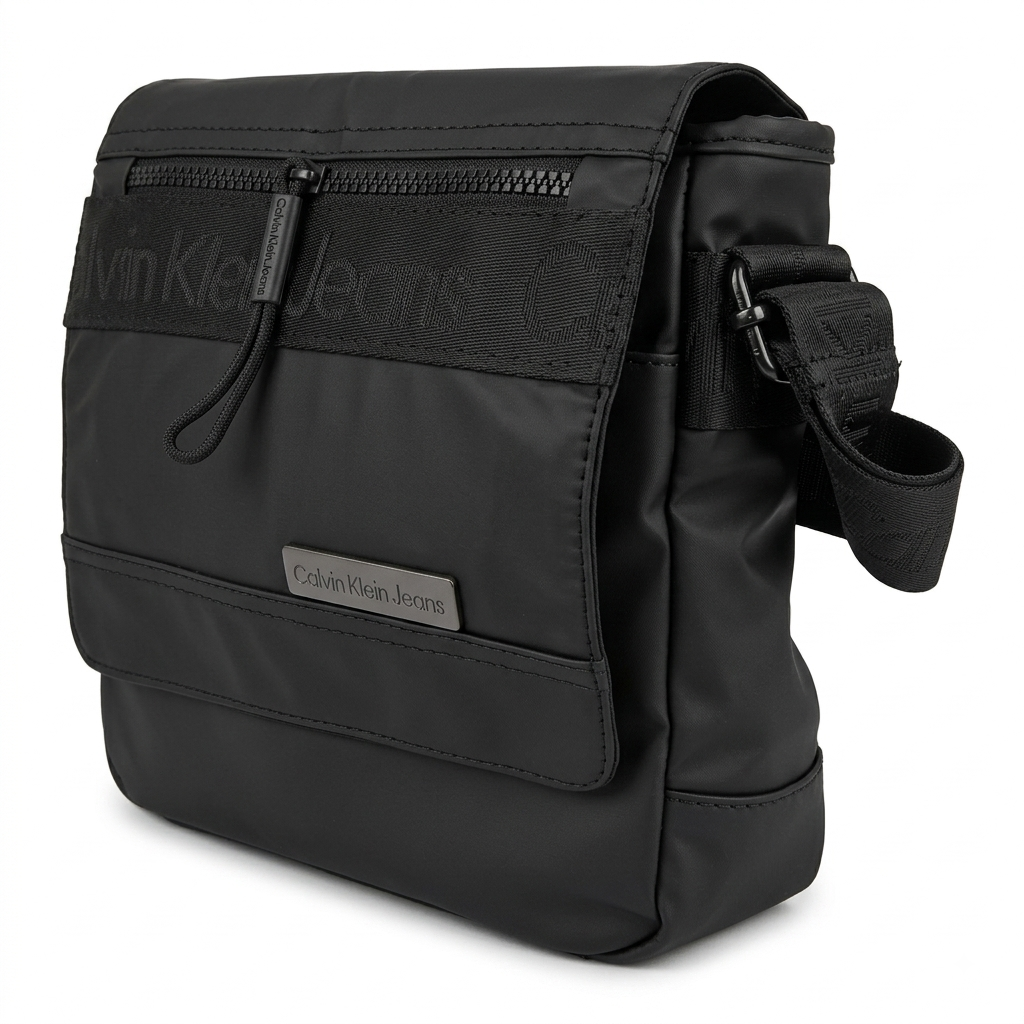 Calvin Klein Jeans Men's Black Crossbody Messenger Bag with Front Zipper and Flap #0018