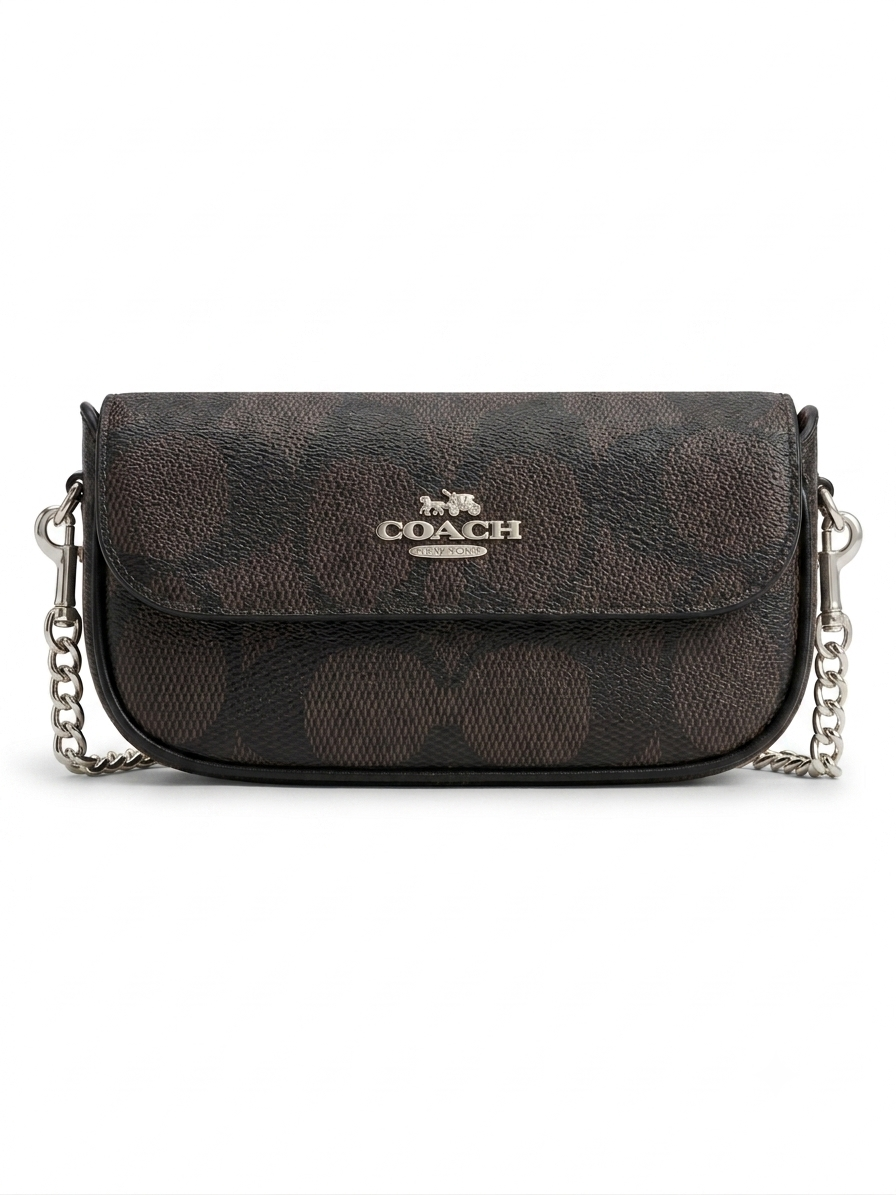 Women's Classic Logo Print Crossbody Bag with Chain Strap - Dark Brown 👜✨ #0061
