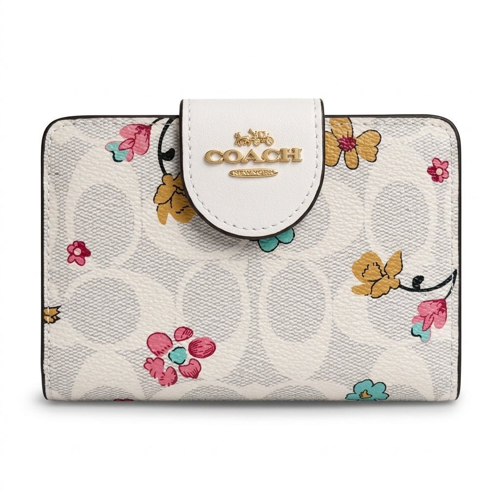 Coach Medium Floral Print Zip-Around Wallet – White #0012