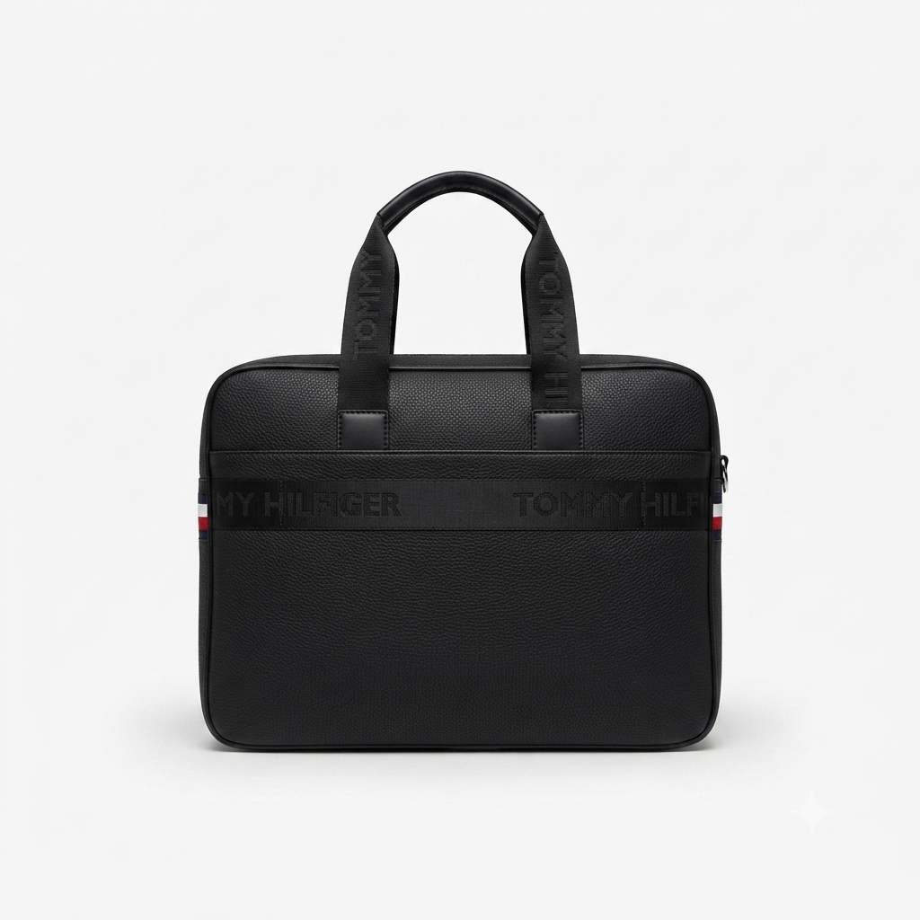 Tommy Hilfiger Men's Premium Faux Leather Laptop Briefcase & Business Bag - Black #0082