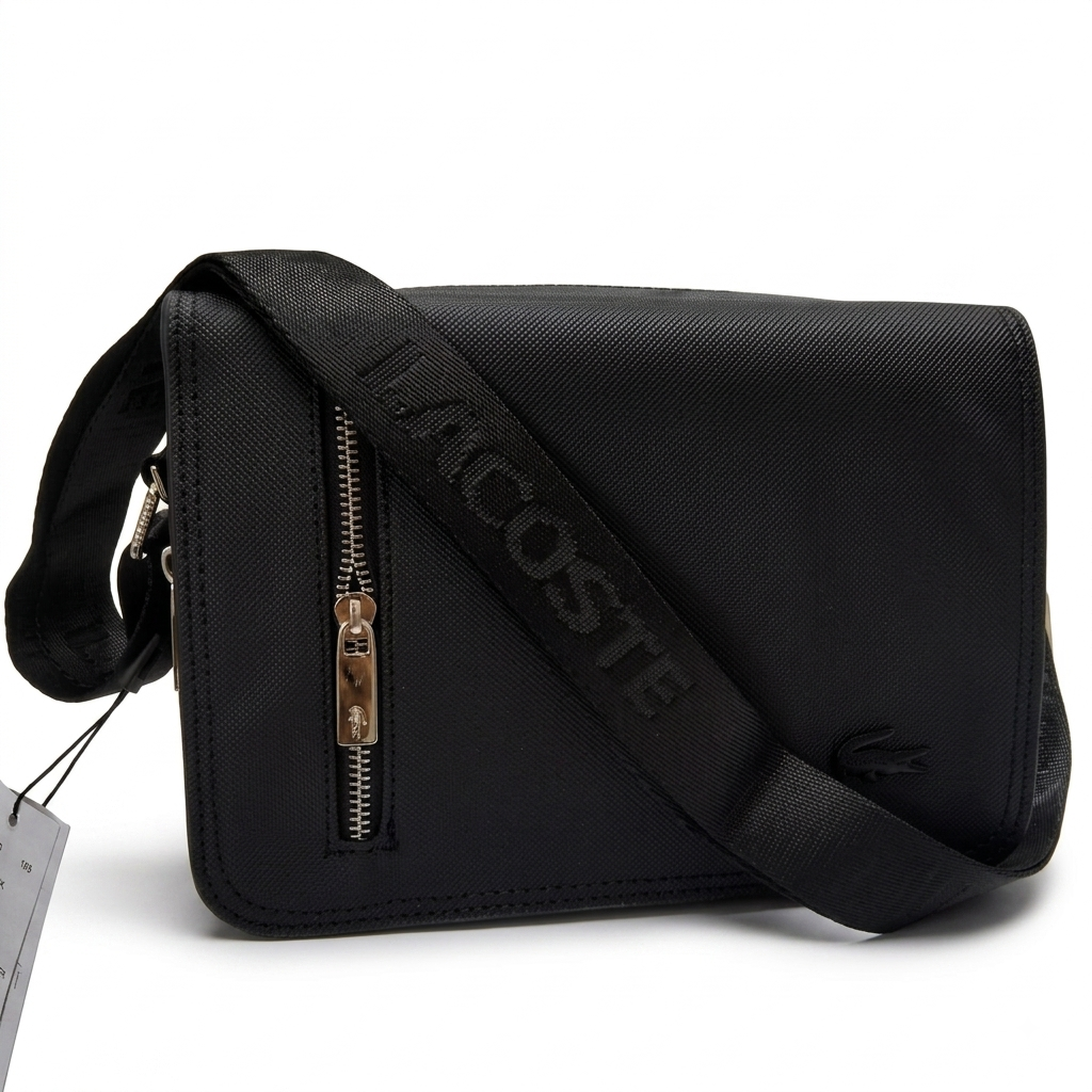 Lacoste Men's Black Flap Crossbody Messenger Bag with Branded Strap #0023