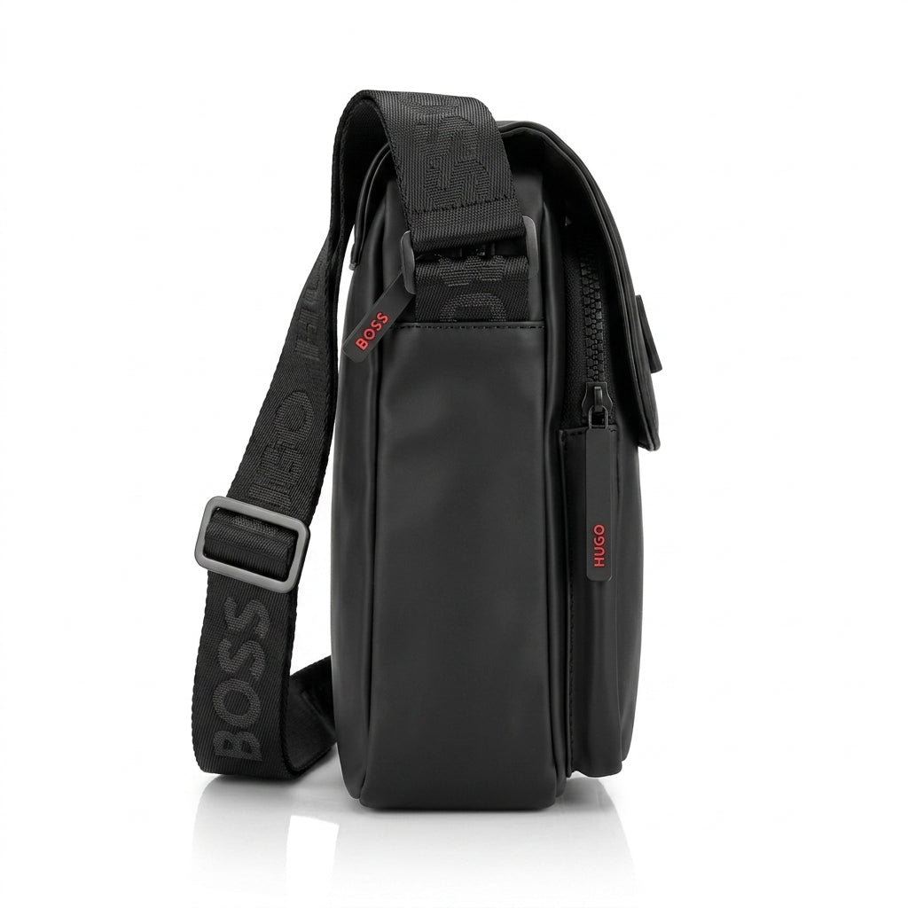 HUGO BOSS Men’s Matte Black Flap-Over Crossbody Reporter Bag #0013