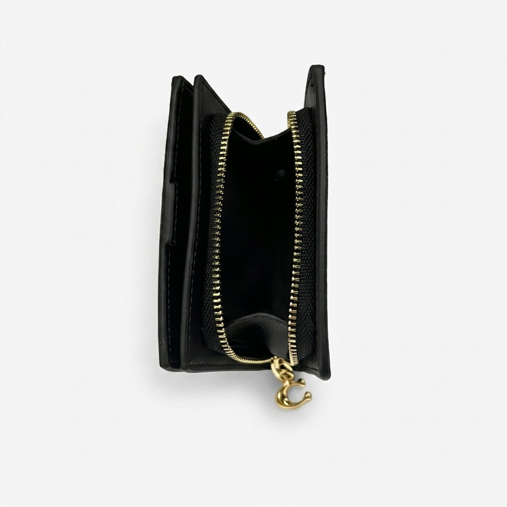 Coach Signature Canvas Signature Medium Corner Zip Wallet (Dark Brown / Black) #0015