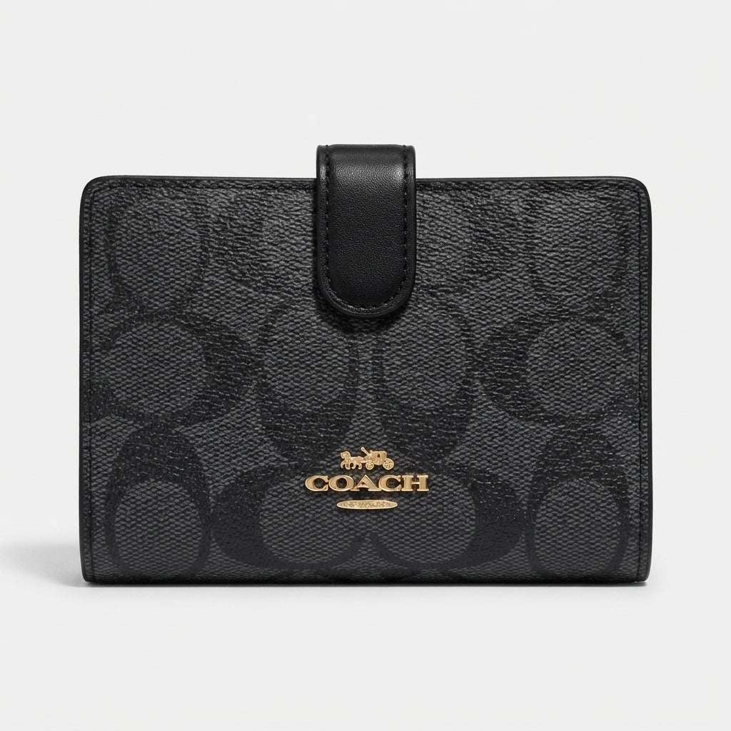 Coach Medium Corner Zip Wallet in Signature Canvas - Charcoal/Black #0025