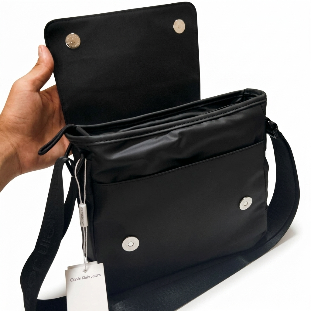 Calvin Klein Jeans Men's Black Crossbody Messenger Bag with Front Zipper and Flap #0018