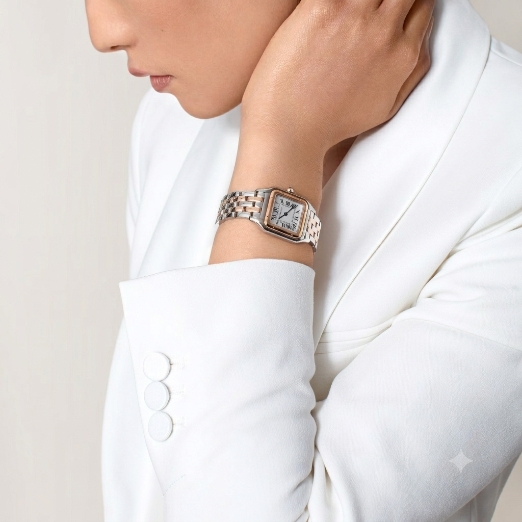 Panthère de Cartier watch White Dial Rose Gold / Silver Strap medium model