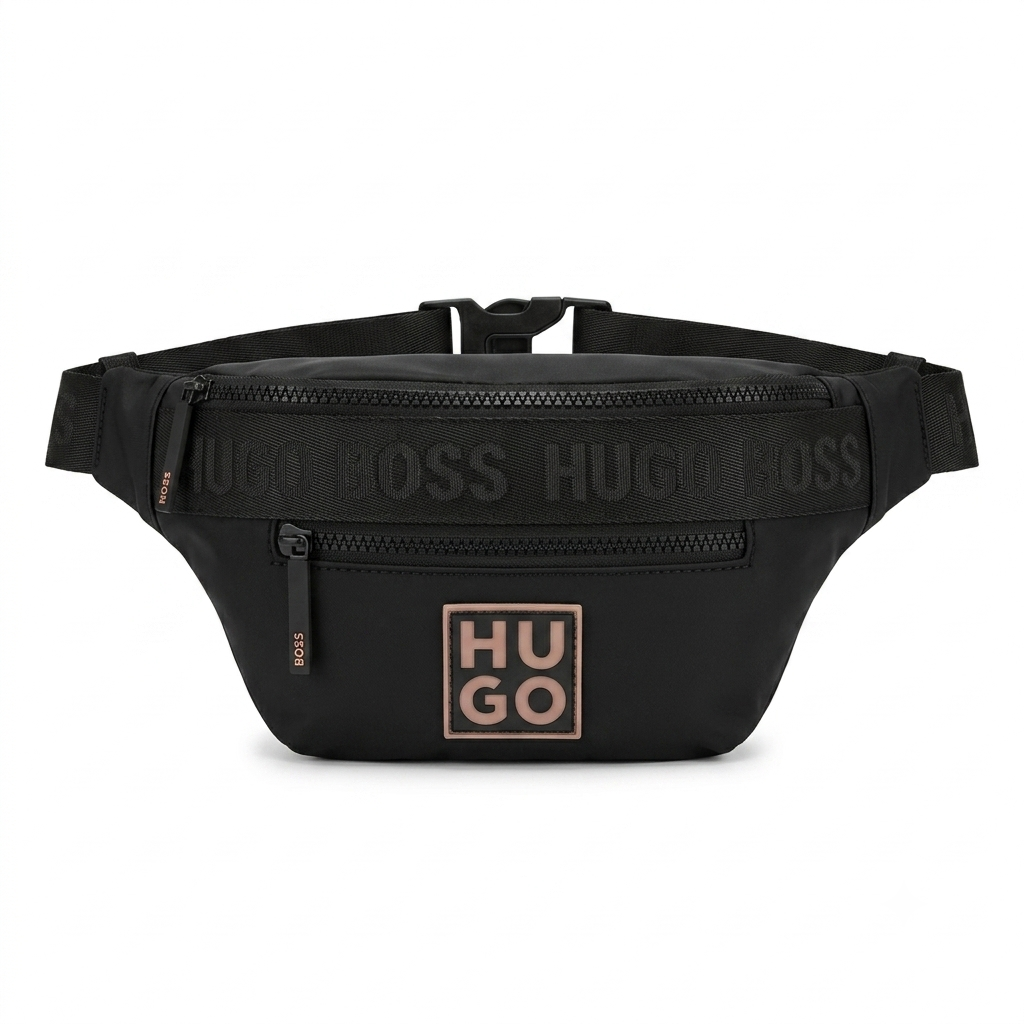 HUGO BOSS Black Nylon Belt Bag with Contrast Logo and Multiple Zipped Compartments #0014