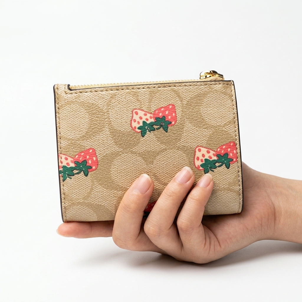 Coach Strawberry Print Signature Canvas Small Zip Wallet - Beige/Multi #0009