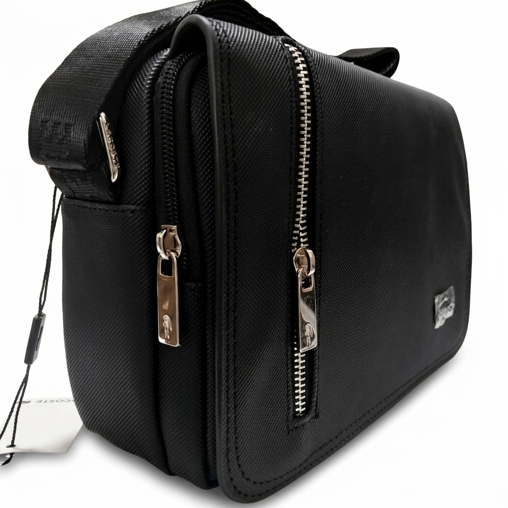 Lacoste Men's Black Flap Crossbody Messenger Bag with Branded Strap #0023