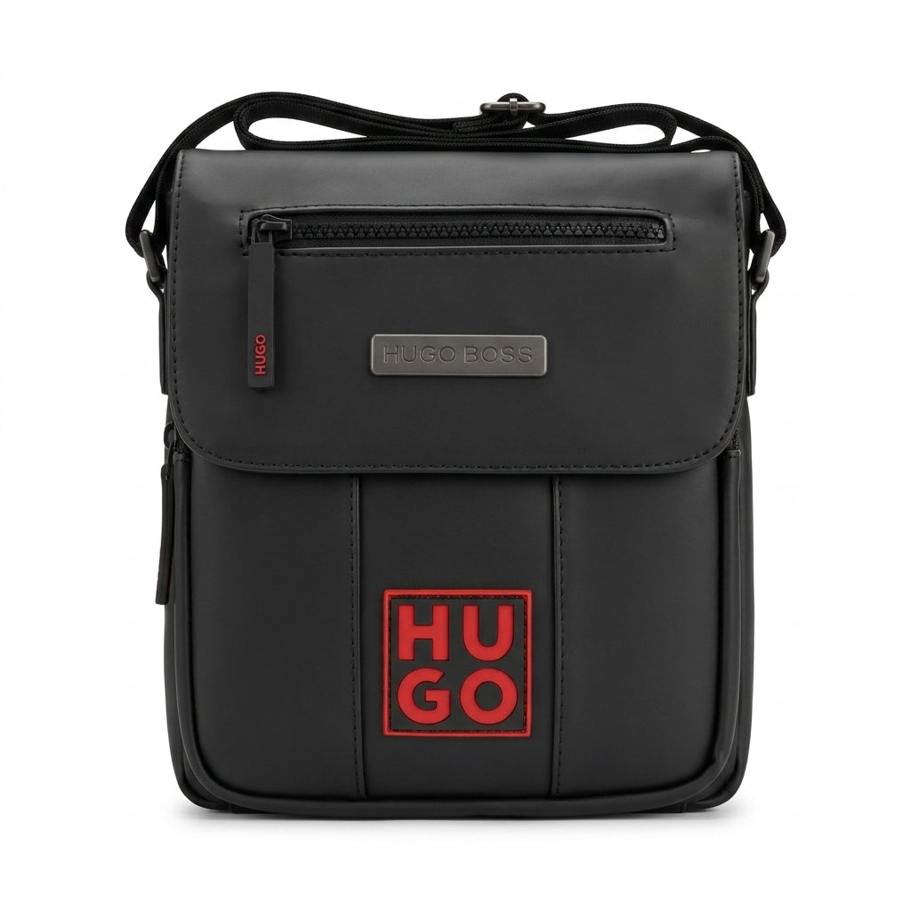 HUGO BOSS Men’s Matte Black Flap-Over Crossbody Reporter Bag #0013