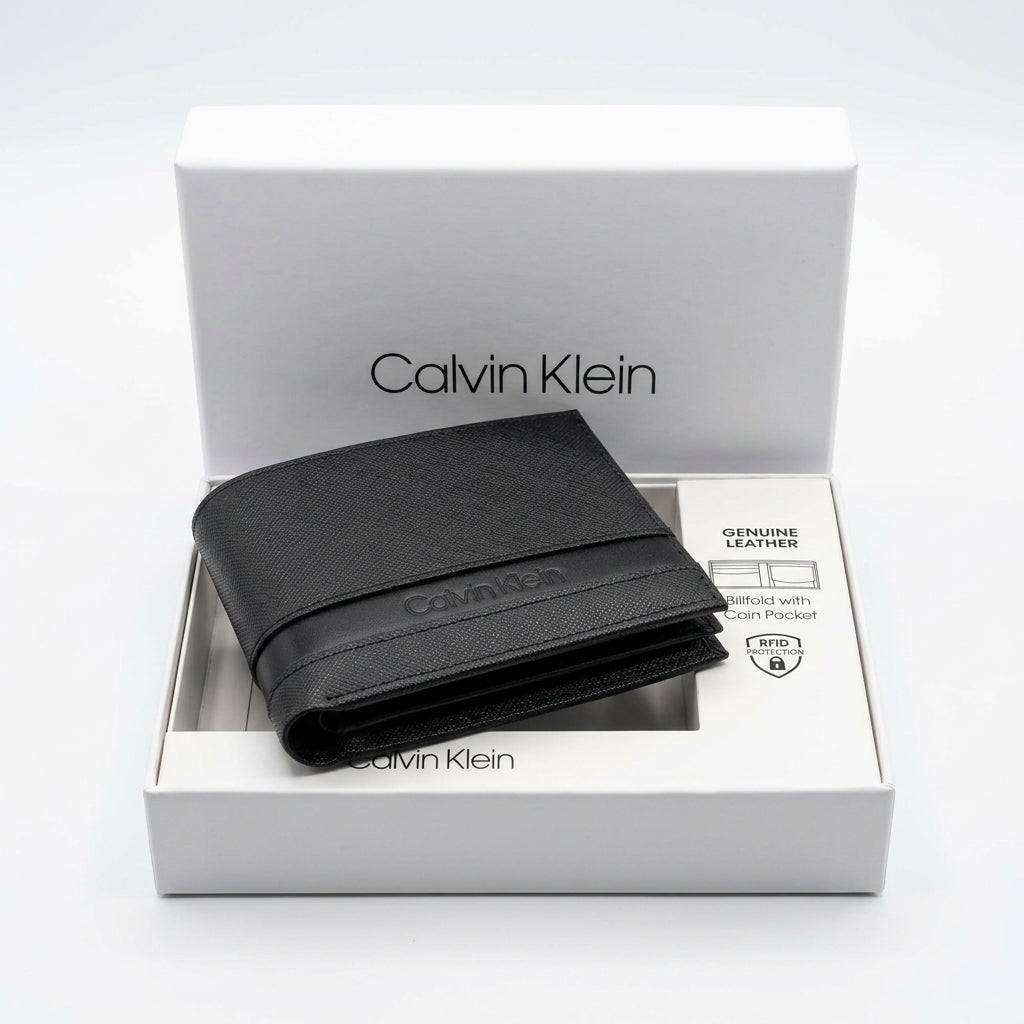 Calvin Klein Men's Genuine Leather Bifold Wallet with Coin Pocket - Black #0006