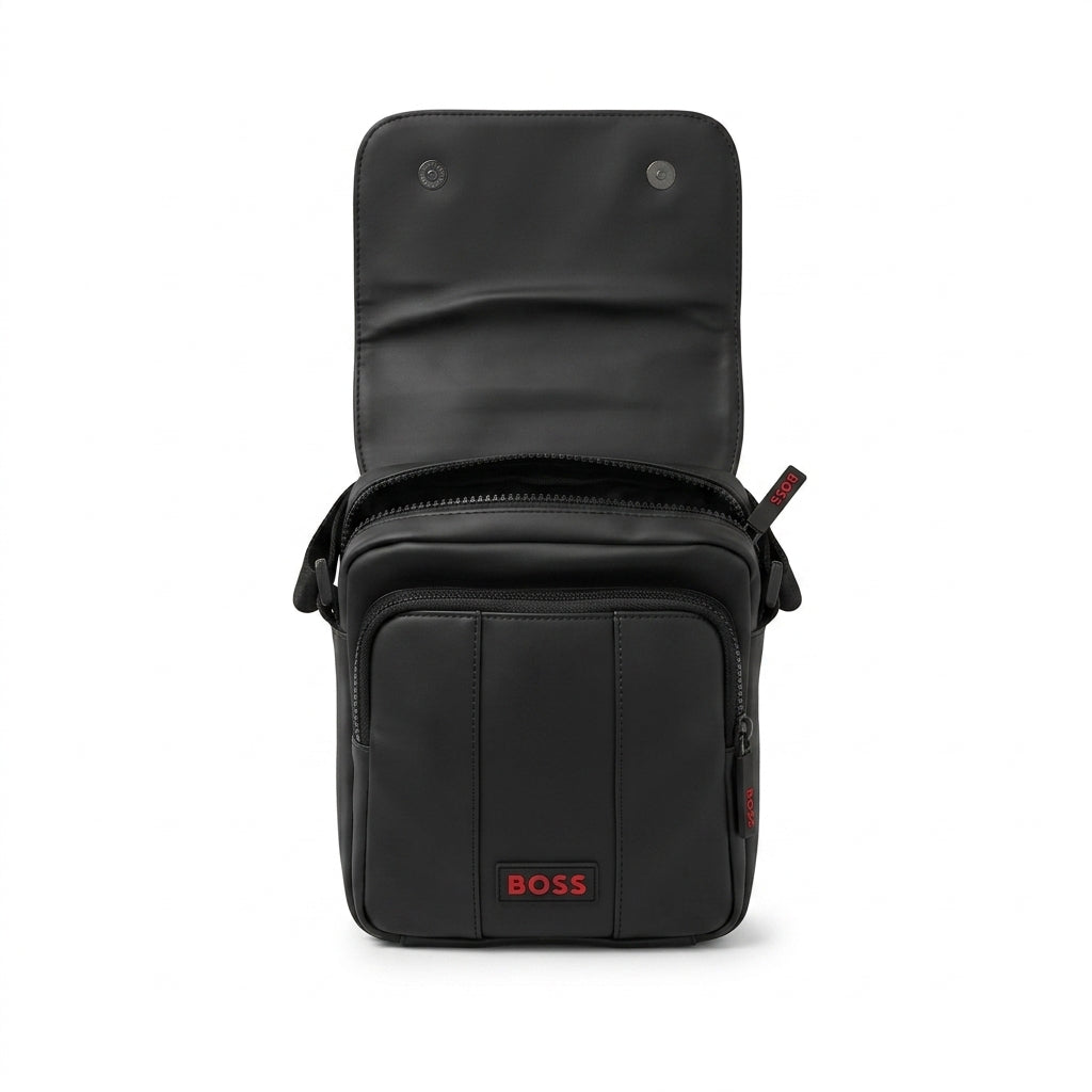 HUGO BOSS Men’s Matte Black Flap-Over Crossbody Reporter Bag #0013