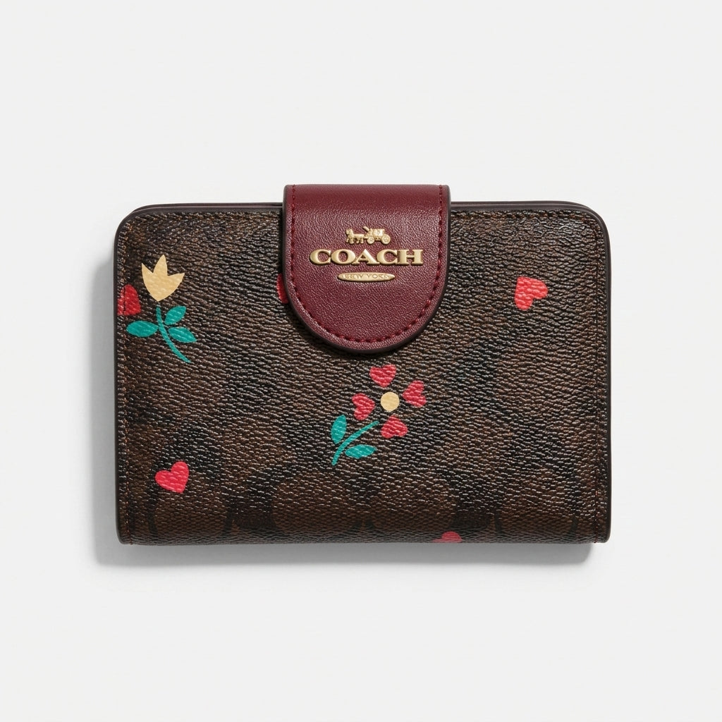Coach Signature Canvas Medium Zip Wallet with Floral & Heart Print #007