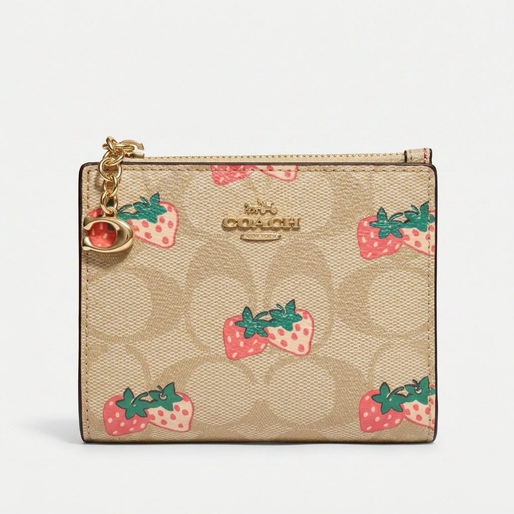 Coach Strawberry Print Signature Canvas Small Zip Wallet - Beige/Multi #0009