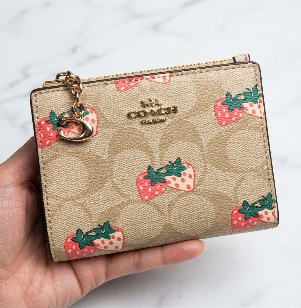 Coach Strawberry Print Signature Canvas Small Zip Wallet - Beige/Multi #0009