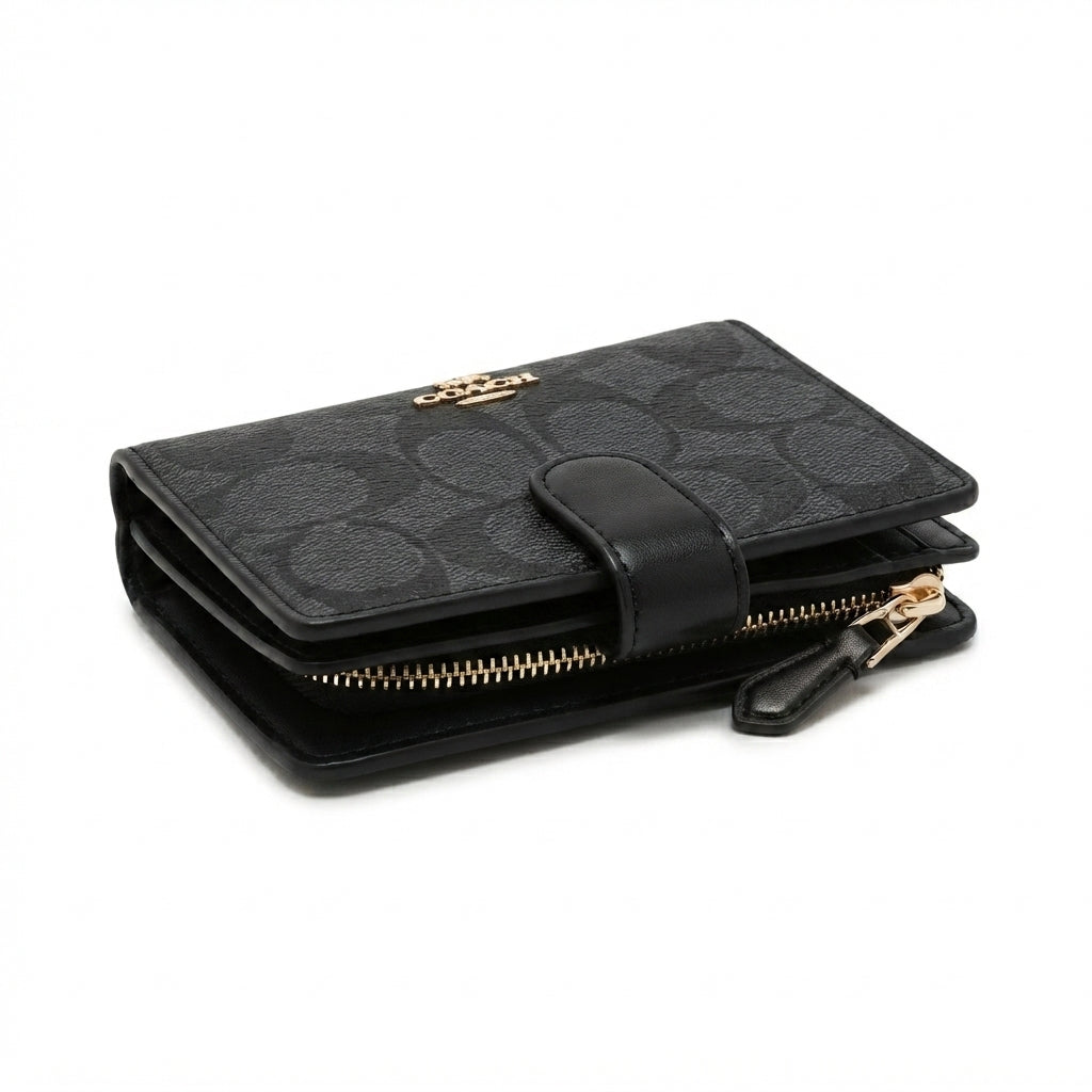 Coach Medium Corner Zip Wallet in Signature Canvas - Charcoal/Black #0025