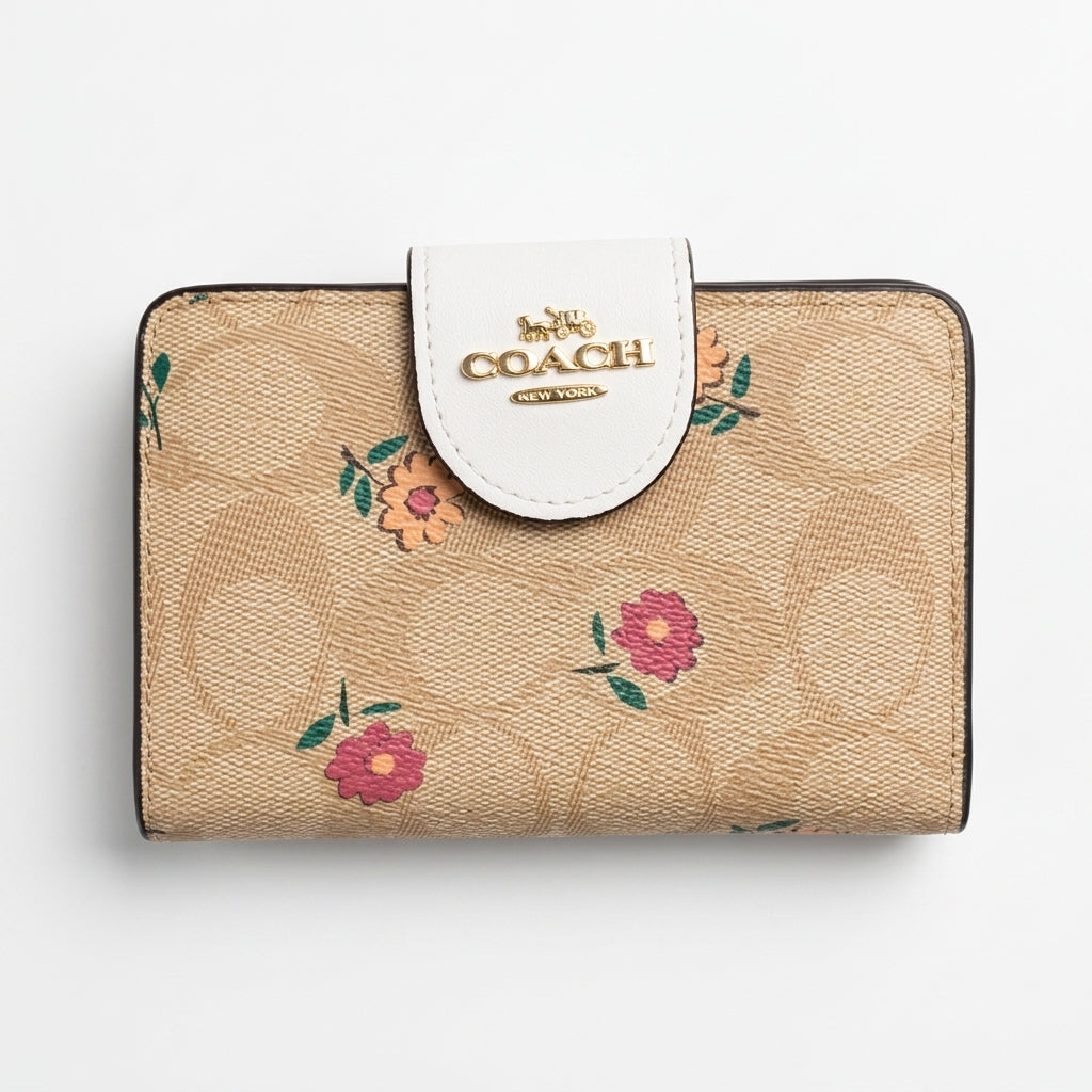 COACH Medium Floral Signature Canvas Wallet in White & Tan #0014
