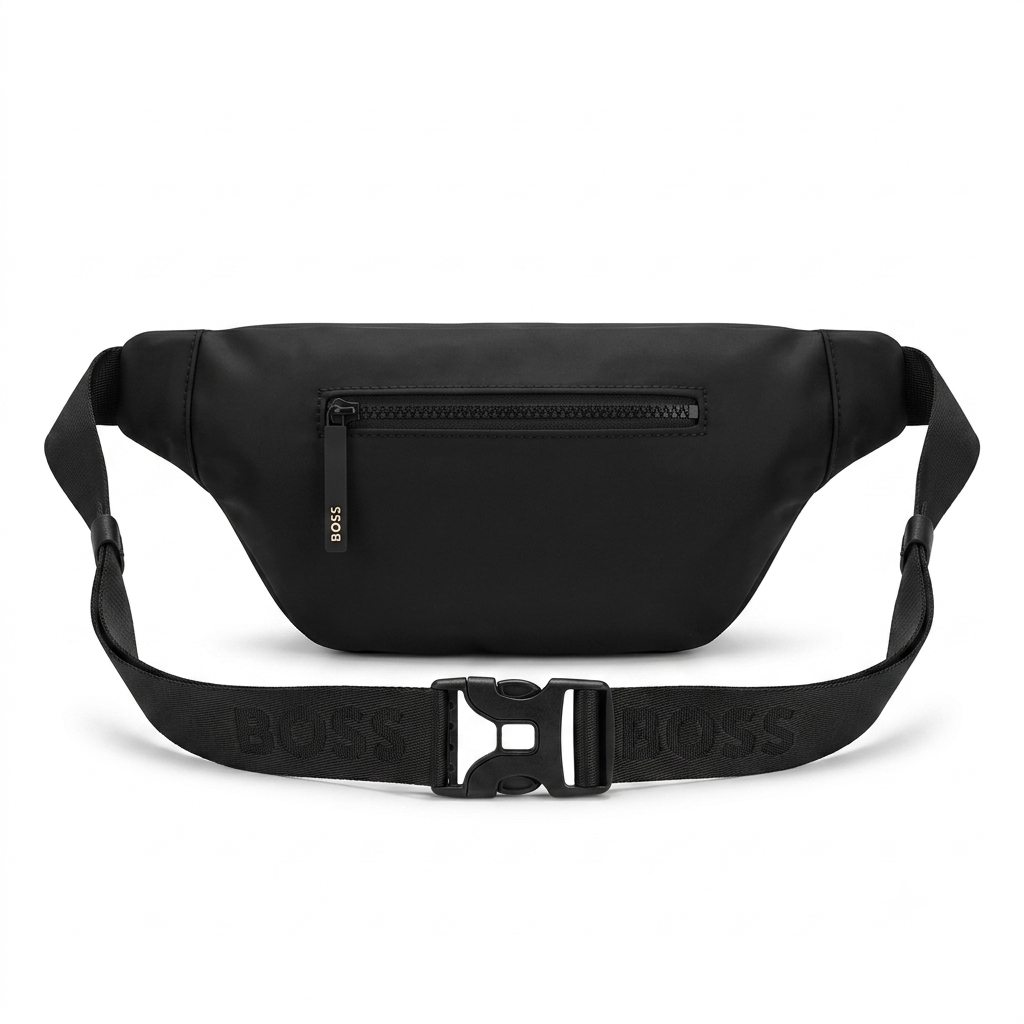 HUGO BOSS Black Nylon Belt Bag with Contrast Logo and Multiple Zipped Compartments #0014