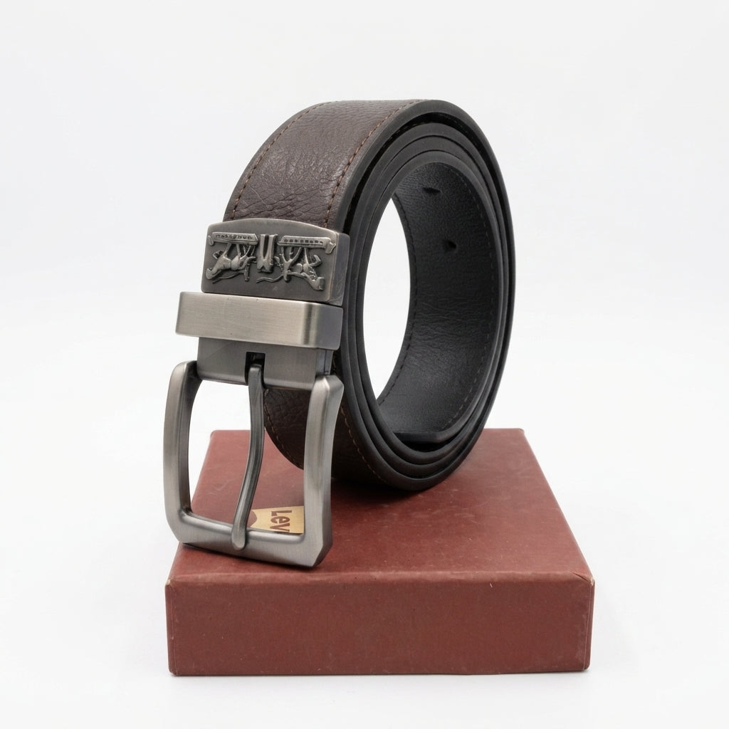 2-in-1 Classic Men's Leather Belt – Reversible Brown & Black with Gift Box #05