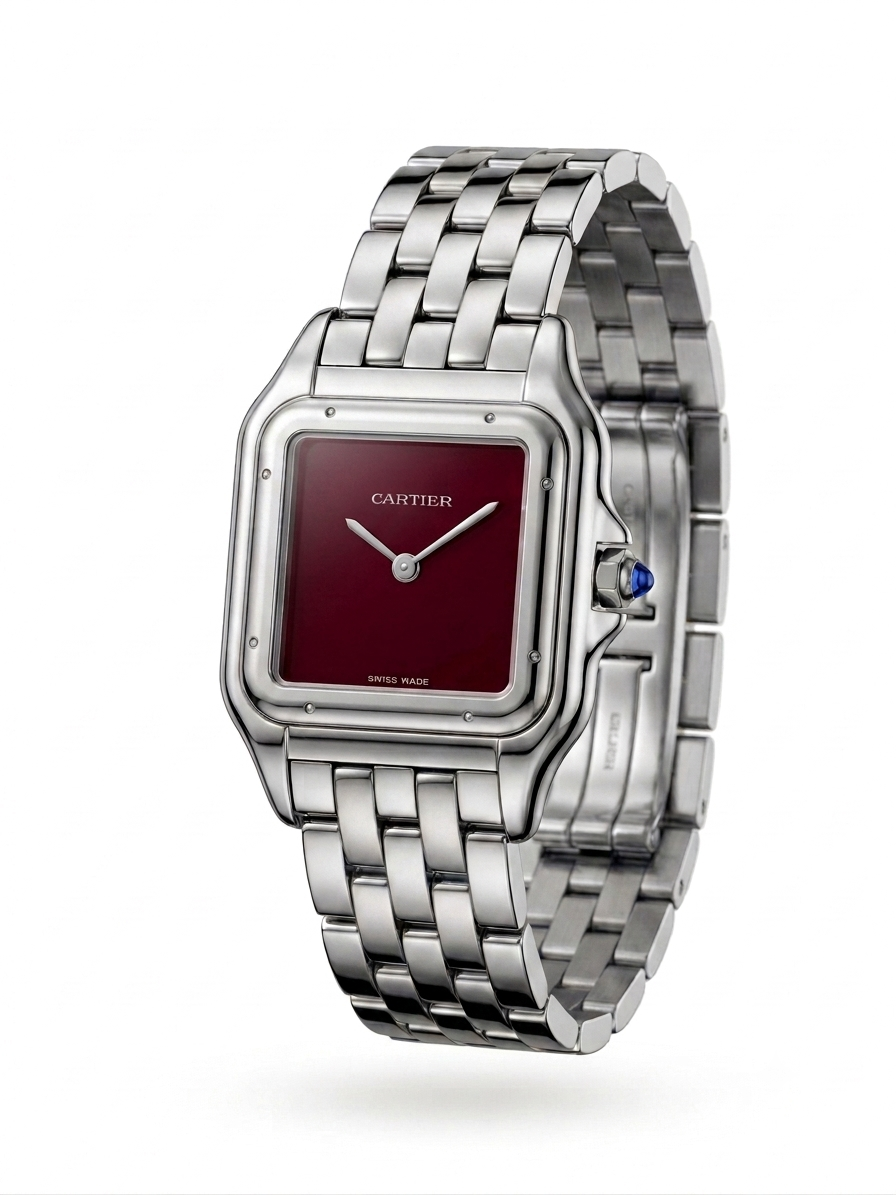 Panthère de Cartier watch burgundy red dial Silver Strap medium model
