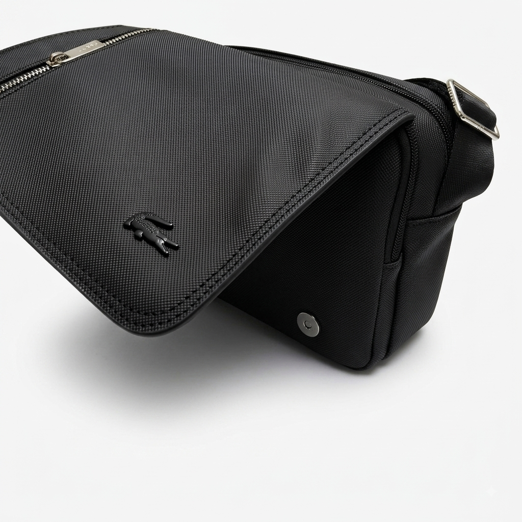 Lacoste Men's Black Flap Crossbody Messenger Bag with Branded Strap #0023