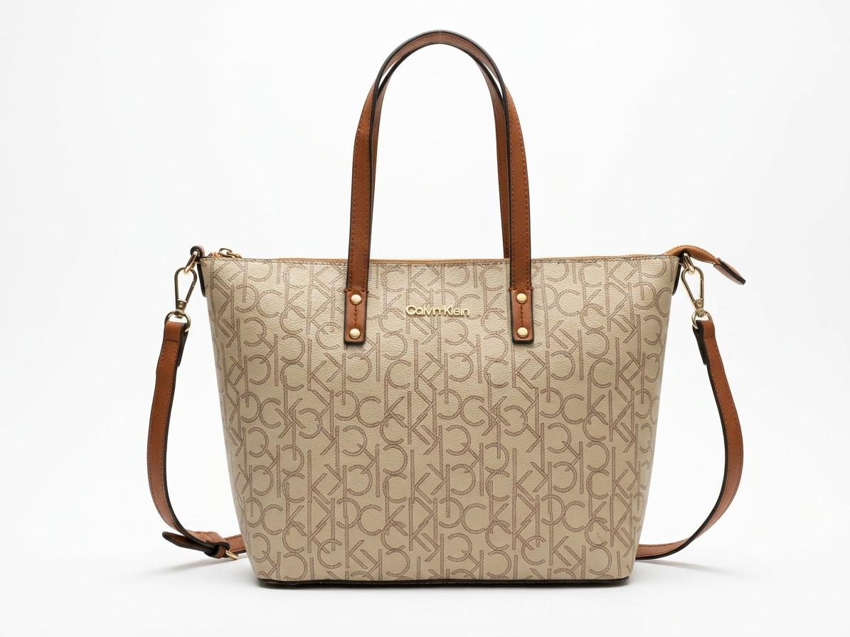 Calvin Klein Women's Monogram Tote & Shoulder Bag with Adjustable Strap - Beige/Brown #0023