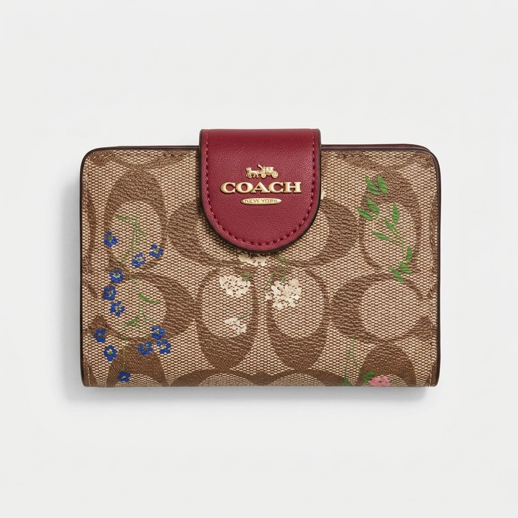 COACH Signature Floral Print Bifold Wallet – Berry / Fuchsia #0027