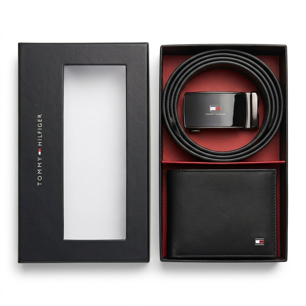 Tommy Hilfiger Men's Black Leather Belt & Wallet Set #016