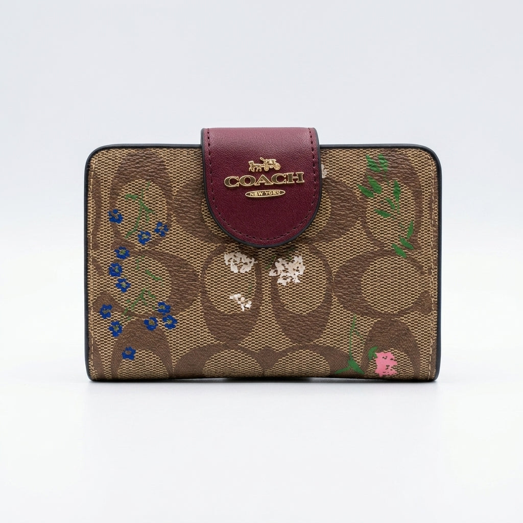 Coach Signature Medium Corner Zip Wallet - Brown/Red #0002