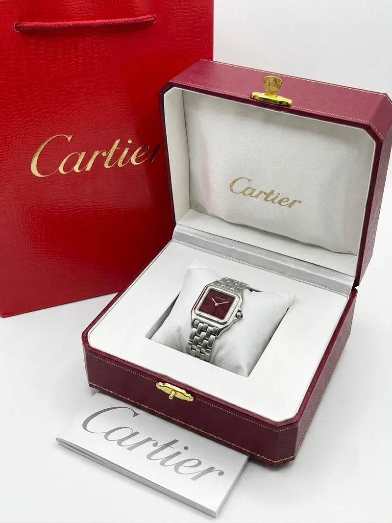 Panthère de Cartier watch burgundy red dial Silver Strap medium model
